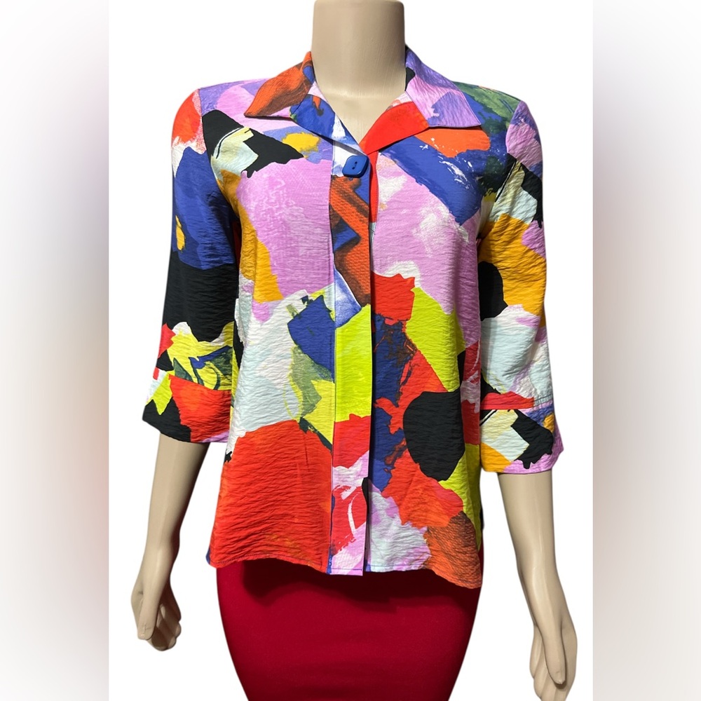 NWT Ali Miles Size PXS Printed Woven Tunic  3/4 Bell Sleeves Point Collar